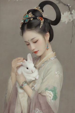Song Dynasty beauty, Hanfu, full body, The lady holds a white rabbit in her arms, Traditional Chinese painting,  