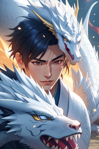 Handsome oriental boy and white dragon (golden dragon horn), masterpiece, very high quality, official art, cg 8k wallpaper, (fantasy style), masterpiece, best quality, light particles, very detailed, best lighting, (beautiful face), incredibly detailed, (very beautiful), (best quality)