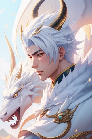 Handsome oriental boy and white dragon (golden dragon horn), masterpiece, very high quality, official art, cg 8k wallpaper, (fantasy style), masterpiece, best quality, light particles, very detailed, best lighting, (beautiful face), incredibly detailed, (very beautiful), (best quality)