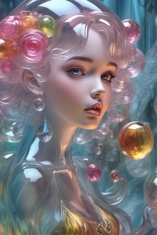 Pop surrealism, beautiful girl's face and monsters, various magical creatures, transparent glass, plastic texture, smooth, reflective, fluid, extremely rich colors, high details, a masterpiece,Glass,kristinapimenova,3d style