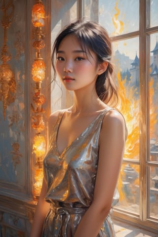 In a glass room, a Chinese girl, fashionable, the sun shines on her face, On a sunny morning, bright, soft lights, oil painting, impasto, oil painting, Detail Shot , complimentary colors, raytracing reflections, Ultra detailed castle wall with torches in background, by BoneAge 