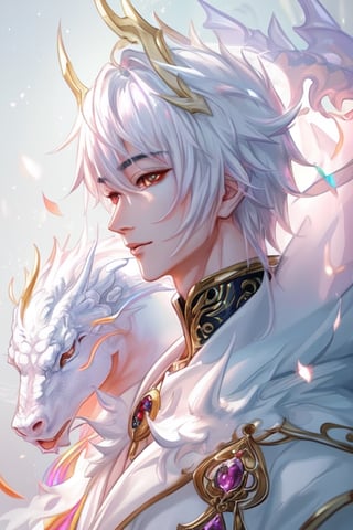 Handsome oriental boy and white dragon (golden dragon horn), masterpiece, very high quality, official art, cg 8k wallpaper, (fantasy style), macaron tone (rainbow) (face focus, cute, masterpiece, best quality, light particles, very detailed, best lighting, (beautiful face), incredibly detailed, (very beautiful), (best quality)