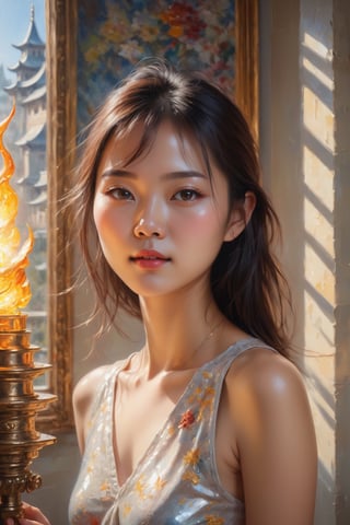In a glass room, a Chinese girl, fashionable, the sun shines on her face, On a sunny morning, bright, soft lights, oil painting, impasto, oil painting, Detail Shot , complimentary colors, raytracing reflections, Ultra detailed castle wall with torches in background, by BoneAge 