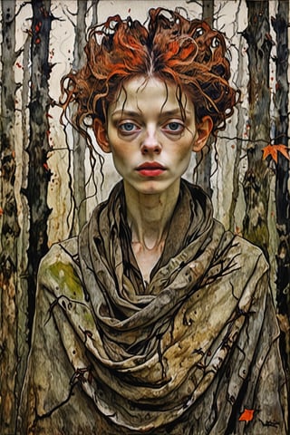 Tportrait style by Egon Schiele, by Eric Lacombe, Her hair, the color of withered vines, trails behind her like ghostly tendrils. Draped in tattered, moss-covered garments, her skin bears the pallor of the long-forgotten dead, and her eyes gleam with the sorrowful echoes of autumn's fading beauty