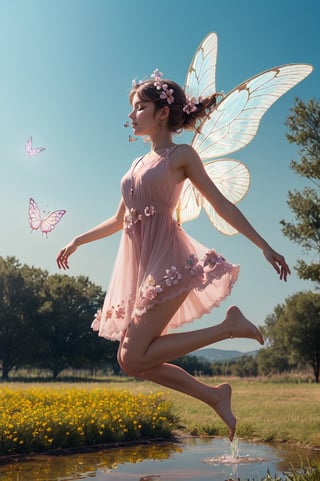 (1girl), fairy_wings, flower_hair_ornament, floral_dress, standing, one leg bent, levitation, look at the ground, light halo, brown light around, fractal, power, strength, flying butterflies, no background, transparent dress, light pink dress, cute, made up, side view , water source, eyes closed