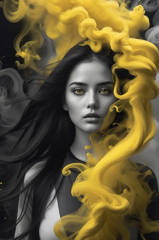 Highly detailed, photo-realistic, (Masterpiece), highest quality, 8k, HD, photography, a beautiful young woman with long dark hair in black and white is surrounded by yellow ink that flows like smoke, face reflects intense pain, (((eyes open))), Intense contrasts, surreal, 

add_more_creative
