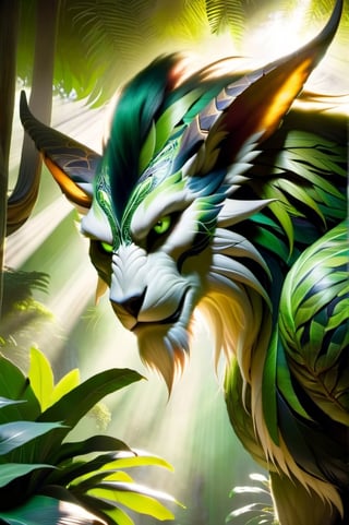close-up shot, photorealistic, photo of the Spirit of the Jungle, fearsome beast, standing tall amidst vibrant green flora, with intricate and highly detailed markings adorning its sleek fur, long pointy ears, the scene should be beautifully lit, with the sunlight filtering through the dense canopy overhead and casting warm, dappled shadows, the mood should be mystical and ethereal, with a sharp focus on the spirit's magnificent expression, inspired by the works of artists such as artgerm, Greg Rutkowski, and lois van baarle