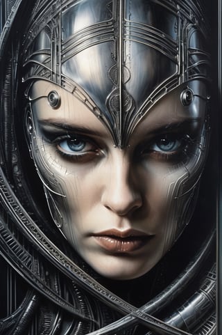 Strong contrast, hr giger art, flowing contours, biomechaical; airbrush, strange, eerie fashion magazine cover, art deco border, porcelain and platinum, A futuristic looking woman with porcelain skin, perfect shadows, dynamic action pose, atmospheric lighting, volumetric lighting, sharp focus, focus on eyes, masterpiece, professional, award-winning, exquisite detailed, highly detailed, UHD, 64k,


