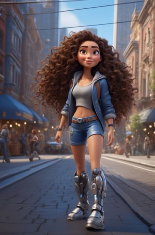 full body, expressive caricature in Pixar style, unreal, mischievous, beautiful girl with long curly brunette  hair, city street, dynamic pose, cartoon art, trending style on artstation, sharp focus, studio photography, intricate details, very detailed, by Greg Rutkowski, sharp focus, depth of field, unreal engine, perfect composition, art station, 8k, hdr, 

cyborg style, Movie Still