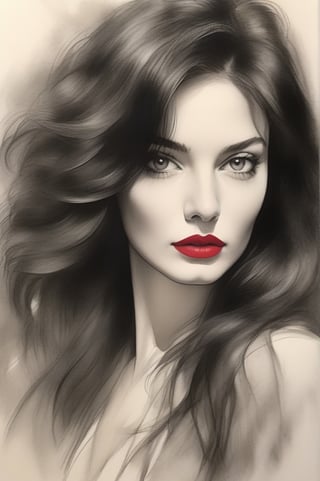 pencil Sketch of a beautiful mature woman 25 years old, with black hair, alluring, portrait by Charles Miano, ink drawing, illustrative art, soft lighting, detailed, more Flowing rhythm, elegant, low contrast, add soft blur with thin line, red lipstick, green eyes.