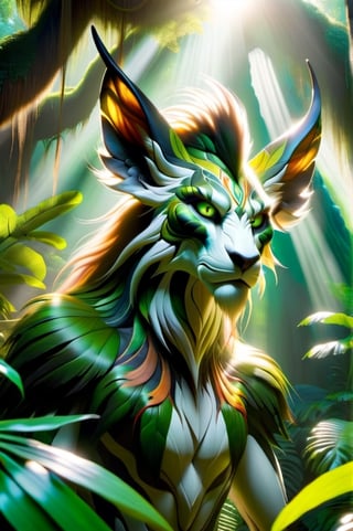 close-up shot, photorealistic, photo of the Spirit of the Jungle, fearsome beast, standing tall amidst vibrant green flora, with intricate and highly detailed markings adorning its sleek fur, long pointy ears, the scene should be beautifully lit, with the sunlight filtering through the dense canopy overhead and casting warm, dappled shadows, the mood should be mystical and ethereal, with a sharp focus on the spirit's magnificent expression, inspired by the works of artists such as artgerm, Greg Rutkowski, and lois van baarle