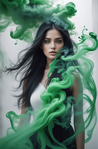 Highly detailed, photo-realistic, (Masterpiece), highest quality, 8k, HD, photography, a beautiful young woman with long black hair in black and white is surrounded by green ink that flows like smoke, face reflects intense pain, (((eyes open))), Intense contrasts, surreal, 

add_more_creative