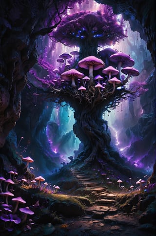 huge dark underground cave, Various purple mushrooms, a huge purple tree at the end of the cave, the roots spread all the way to the top, panoramic view, extremely high-resolution details, photographic, realism pushed to extreme, fine texture, incredibly lifelike perfect shadows, atmospheric lighting, volumetric lighting, sharp focus, focus on eyes, masterpiece, professional, award-winning, exquisite detailed, highly detailed, UHD, 64k,

