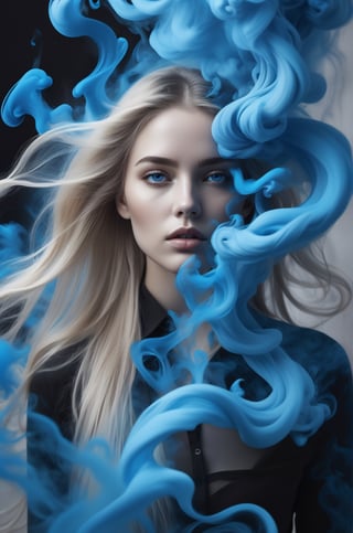 Highly detailed, photo-realistic, (Masterpiece), highest quality, 8k, HD, photography, a beautiful young woman with long blonde hair in black and white is surrounded by blue ink that flows like smoke, face reflects intense pain, (((eyes open))), Intense contrasts, surreal, 

add_more_creative