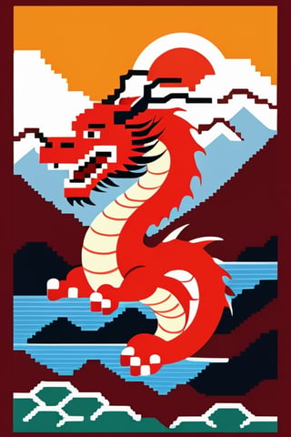 8bit Pixel, 256 color, red backround,Ukiyo-e 
art,cityscape, chinesens dragon,happiness