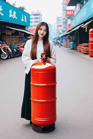 8K, fine picture, wide movie, LenA Asia cute gril, back hair, sold out 5gal gas cylinders gas store, background is city, store street 