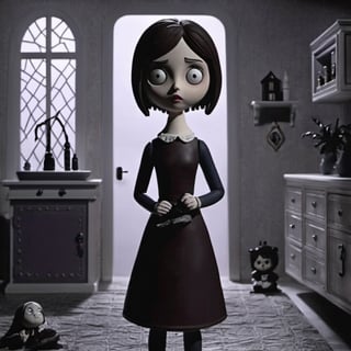 A horror girl, dark scene, horror movie, creepy,,Clay Animation, Clay, 