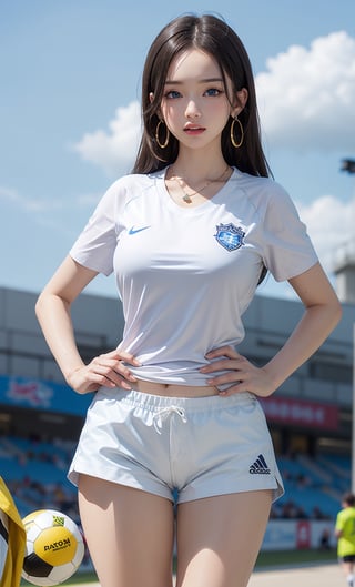 1girl, solo, long hair, breasts, 24 years old, looking at viewer, blue eyes, large breasts, shirt, black hair, holding, jewelry, standing, collarbone, white shirt, short sleeves, thighs, cowboy shot, sweat, earrings, outdoors, parted lips, sky, shorts, day, necklace, blurry, blue sky, hand on hip, short shorts, blurry background, watermark, forehead, ball, white shorts, sportswear, soccer uniform, stadium, soccer, boa hancock,realhands,hancock1