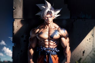 somber, mournful, memorial to fallen hero, 1boy, son goku (solo), battle damage, muscular, blue sky background, blurry background, concrete wall, male focus, sky, solo, ultra instinct, white hair, tattered clothes, (masterpiece), realistic anatomy, eyes downcast, leaning against wall, dejected pose, son goku, gigantic son goku