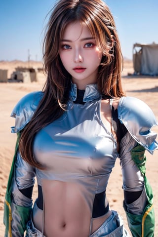 masterpiece, Best Quality, photorealistic, ultra-detailed, finely detailed, high resolution, 8K resolutions, raw photo, realism, perfect body, 1girl, solo, beautiful sexy super model, 23 years old, makeup, beautiful detailed face and eyes,  cinematic, wearing camo soldier combat and armor, at desert military camp, soft light, half body, standing, action pose,girl