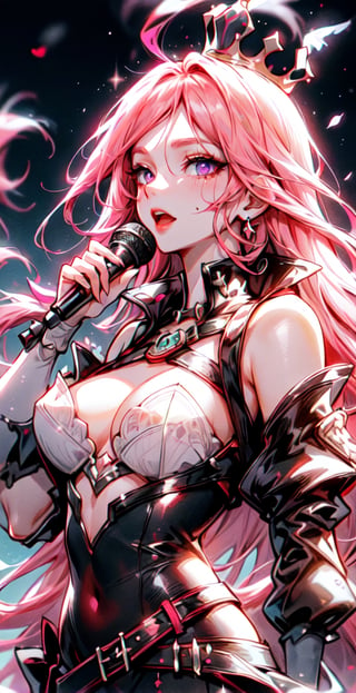 high resolution, detailed anatomy, detailed face,kpop star pose,singing on a medieval stage, extra detailed, crown, pink-hair, detailed purple eyes, 1 girl , imponent aura,perfecteyes, horb,fate/stay background,KATARINA