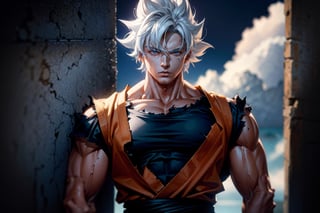 somber, mournful, memorial to fallen hero, 1boy, son goku (solo), battle damage, muscular, blue sky background, blurry background, concrete wall, male focus, sky, solo, ultra instinct, white hair, tattered clothes, (masterpiece), realistic anatomy, eyes downcast, leaning against wall, dejected pose, son goku, gigantic son goku