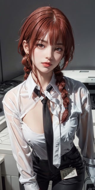 braided hair, 
black pants, red hair, top white shirts, 
black neck tie, wet top shirt,  alone, 1_girl, (smile:0.65), 
((front view:0.9)), (looking at down viewer:0.9),
(chubby:0.3), (medium breasts:0.8),
nsfw, povbathinfront,
makima\(chainsaw man\),