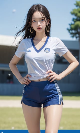 1girl, solo, long hair, breasts, looking at viewer, blue eyes, large breasts, shirt, black hair, holding, jewelry, standing, collarbone, white shirt, short sleeves, thighs, cowboy shot, sweat, earrings, outdoors, parted lips, sky, shorts, day, necklace, blurry, blue sky, hand on hip, short shorts, blurry background, watermark, forehead, ball, white shorts, sportswear, soccer uniform, stadium, soccer, boa hancock,realhands,hancock1