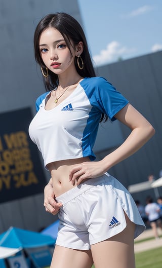 1girl, solo, long hair, breasts, looking at viewer, blue eyes, large breasts, shirt, black hair, holding, jewelry, standing, collarbone, white shirt, short sleeves, thighs, cowboy shot, sweat, earrings, outdoors, parted lips, sky, shorts, day, necklace, blurry, blue sky, hand on hip, short shorts, blurry background, watermark, forehead, ball, white shorts, sportswear, soccer uniform, stadium, soccer, boa hancock,realhands,hancock1
