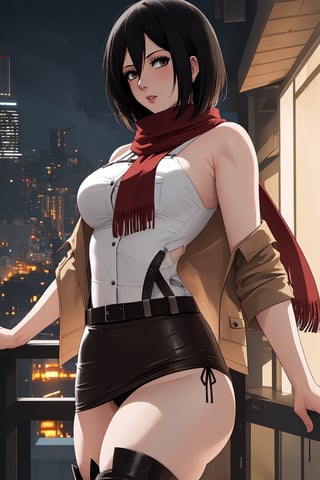 (masterpiece, best quality:1.2), solo, Mikasa Ackerman ,
Mikasa is a fairly tall and well-toned woman. She is of partial Asian heritage, with pale skin, gray eyes, and shaggy black hair that was long until she cut it to chin-length. 
a sleeveless white shirt, light brown jacket with the badge of the squad on both shoulders, on the front left pocket and on the center of the back, a light-colored shirt, a dark brown leather hip wrap skirt, and dark brown knee-high leather boots. a red scarf that she almost always wears.
Mikasa Ackerman, Smooth and flawless armpits, Smooth and flawless skin, 
(ultrahigh resolution textures), in dynamic pose, bokeh, (intricate details, hyperdetailed:1.15), detailed, HDR+, ,Xter, Mikasa Ackerman, european town background.,cool