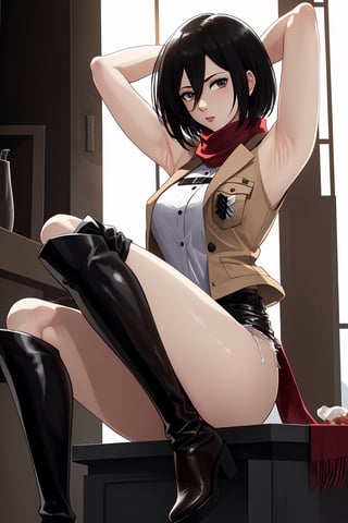 (masterpiece, best quality:1.2), solo, Mikasa Ackerman ,
Mikasa is a fairly tall and well-toned woman. She is of partial Asian heritage, with pale skin, gray eyes, and shaggy black hair that was long until she cut it to chin-length. 
a sleeveless white shirt, light brown jacket with the badge of the squad on both shoulders, on the front left pocket and on the center of the back, a light-colored shirt, a dark brown leather hip wrap skirt, and dark brown knee-high leather boots. a red scarf that she almost always wears.
Mikasa Ackerman, Smooth and flawless armpits, Smooth and flawless skin, 
(ultrahigh resolution textures), in dynamic pose, bokeh, (intricate details, hyperdetailed:1.15), detailed, HDR+, ,Xter, Mikasa Ackerman, european town background.,cool