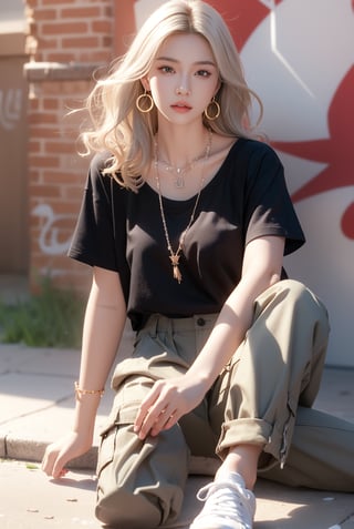 French girl,grey blonde hair(very long hair, curly_hair),hiphop dancer,wearing all black clothes (short sleeves loose fit top and cargo pants),sneakers, sitting at red brick wall(graffiti ),accessories(necklace,ear_rings),Best Quality, 32k, photorealistic, ultra-detailed, finely detailed, high resolution, perfect dynamic composition, beautiful detailed eyes, sharp-focus, cowboy_shot, 