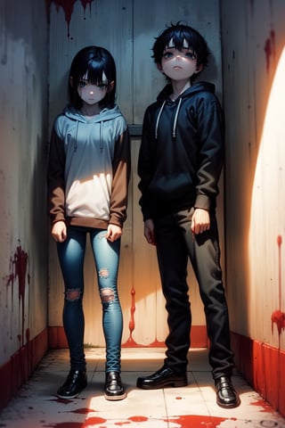 scared, anime, boy, two person, sibling, blue hair, green eyes, hoodie, blood in wall, tears of blood, hurt, depressed, grunge, sad_look, sad_eyes, dark_scene, middle_aged_men, adult,monochrome,manga