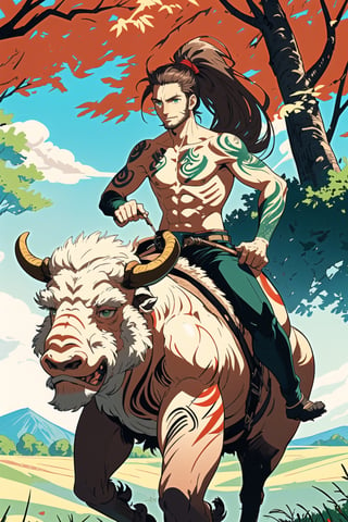 potrait a man riding a mammoth, topless, tatoos in body, light red skin, green eyes, pre historis background, 35 year age, sunny days, lot trees on background, lot animal in background, ponytail hair