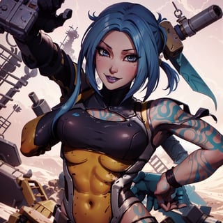 ,MayaBorderlands, close up, smile, blue hair, yellow leotard, wasteland, sexy, abs,