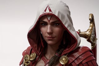 Kassandra, close up, white background, assassin, red, proves, hooded 