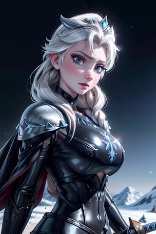 close up, Elsa, black latex armour, ice, snow, winter, sword, crown, evil, close-up, big boobs, ice queen, ice magic, mountains, ice queen,