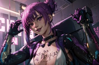 Alt, Cyberpunk, purple hair, white outfit, smile, cyberpunk, bedroom, naked, collar,