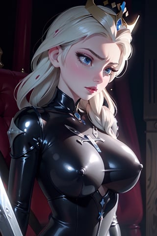 face, close up, eyes, close up latex suit. Elsa, , mistress, a dominant look, big boobs, crop in hand, hands, arms, cross, armour, sword, crown, mean expression,