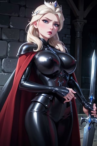 face, close up, eyes, close up latex suit. Elsa, , mistress, a dominant look, big boobs, crop in hand, hands, arms, cross, armour, sword, crown, mean expression,, cape, capes, sexy, boss, evil, dungeon