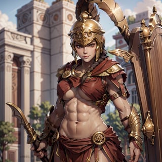 Close-up, Kassandra,  smile, red robes, sexy, abs, spartan, spartan helmeted, shield,