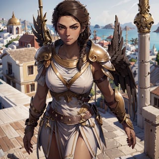 Close-up, Kassandra, face, smirk, Greece, sand, sexy, armour, eagle, standing on roof top, sexy, close up