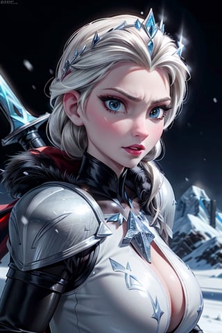 close up, Elsa, black latex armour, ice, snow, winter, sword, crown, evil, close-up, big boobs, ice queen, ice magic, mountains, ice queen,