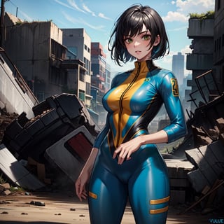 close up, 1girl, VaultGirl, blue_and_yellow_Vault_Jumpsuit, black_hair, green_eyes, short_hair, blue_Vault_Jumpsuit,, wasteland, ruins, buildings