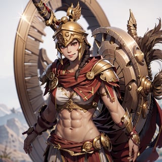 Close-up, Kassandra,  smile, red robes, sexy, abs, spartan, spartan helmeted, shield,