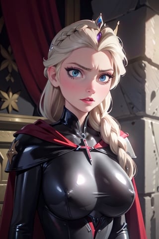 face, close up, eyes, close up latex suit. Elsa, , mistress, a dominant look, big boobs, crop in hand, hands, arms, cross, armour, sword, crown, mean expression,, cape, capes, sexy, boss, evil, dungeon