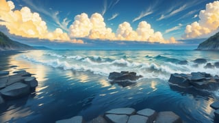 without people, seashore, rocks, clouds over the sea, sunny day