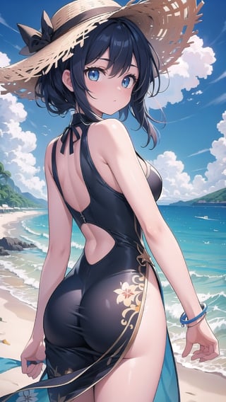 vibrant colors, masterpiece, sharp focus, best quality, depth of field, cinematic lighting, (illustration, 8k CG, extremely detailed), masterpiece, ultra-detailed, Summer, beach, sea, blue sky full of clouds. without people