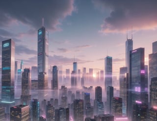City, metropolis, with skyscrapers, against the backdrop of a pink sunset, without people,Futuristic future 