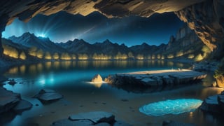 without people, Cave, lake in a cave, boulders, water illuminated with light, mysticism,